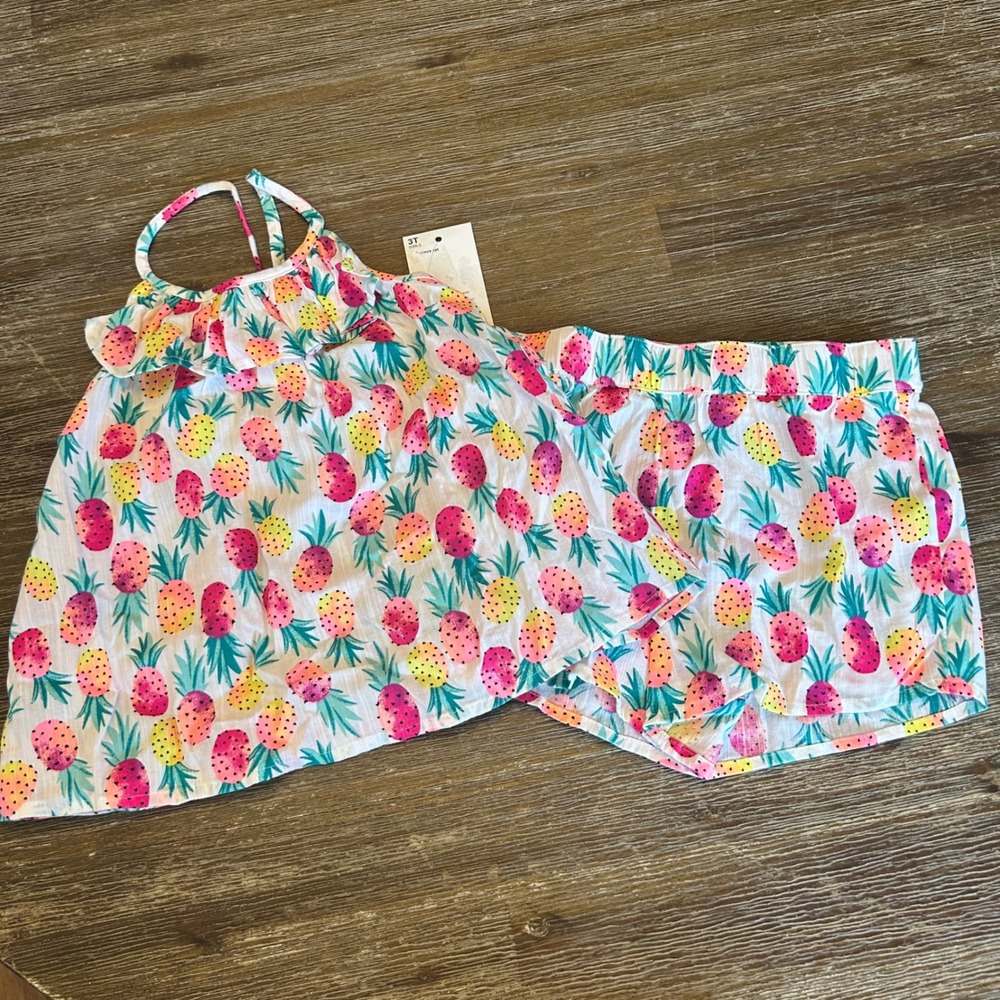 Pineapple Tank Short Set Girls 3T White Ruffle Summer Outfit Cotton Jumping Bean - Picture 4 of 4